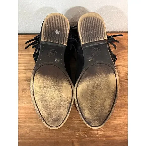 Lucky Brand Black Suede Fringe Ankle Boots Women’s Size 7 Western Boho Booties - Picture 9 of 9